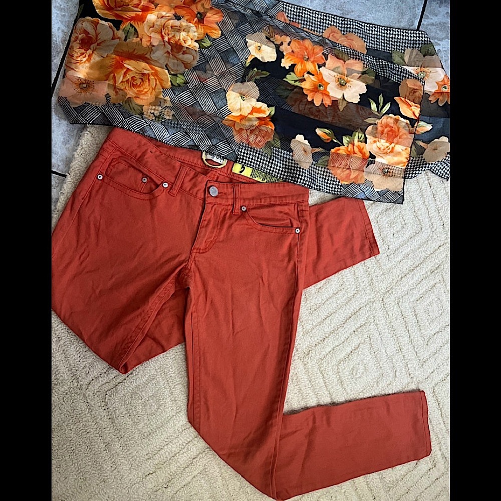 Soft pants jeans pumpkin fall 5 rust roses scarf🧣outfit fashion jegging Ny